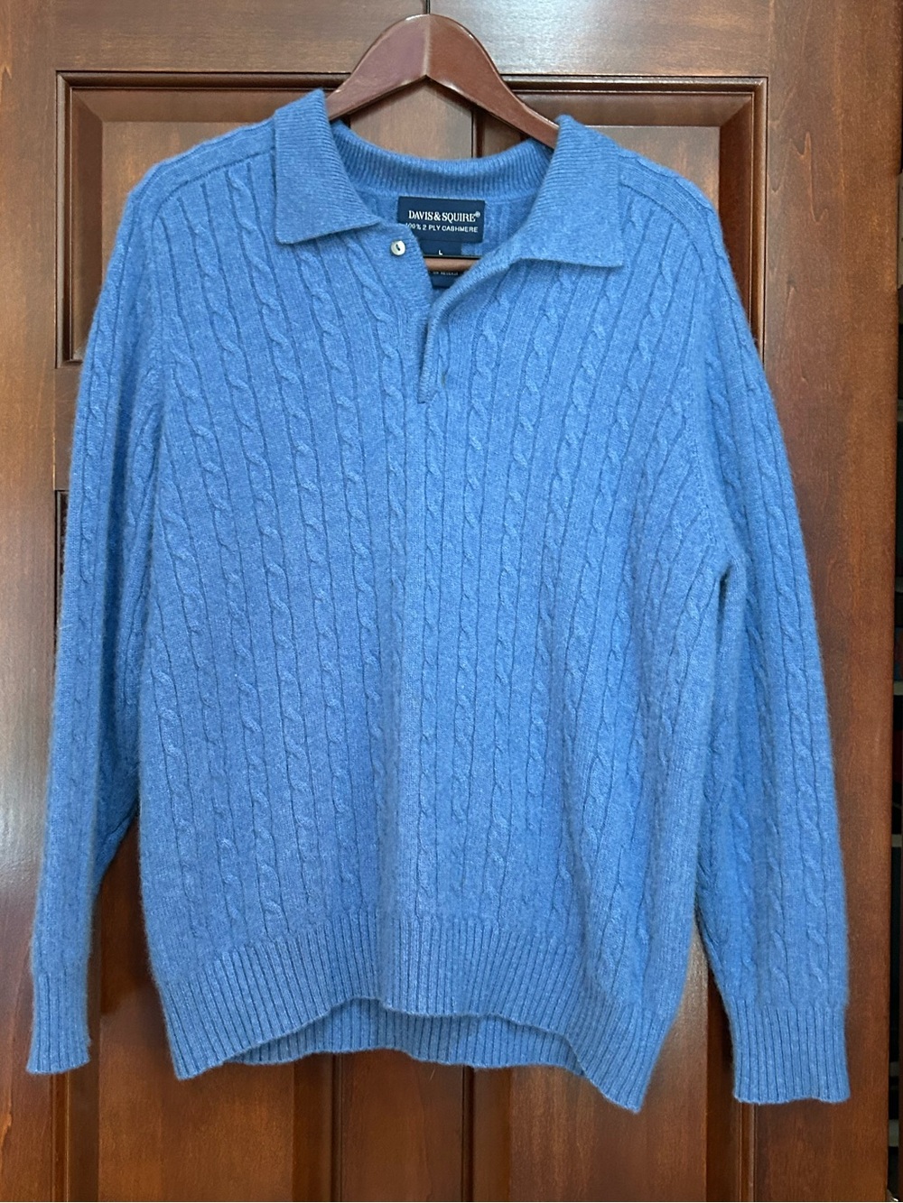 Men’s Large Davis & Squire 100% 2-Ply Cashmere Cable Knit Polo Sweater